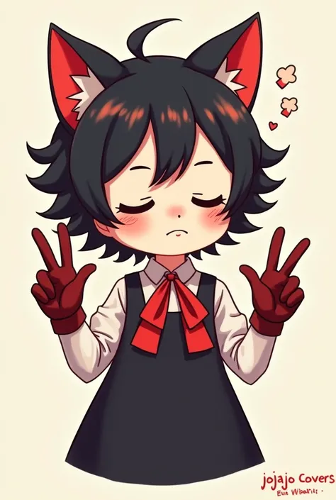 Cartoon style of a boy with black hair and red highlights, He has cat ears,  has white skin this with her eyes closed ,  has a black dress with a red ribbon around her neck and dark red gloves and with her hands in the form of peace and love and she is smi...