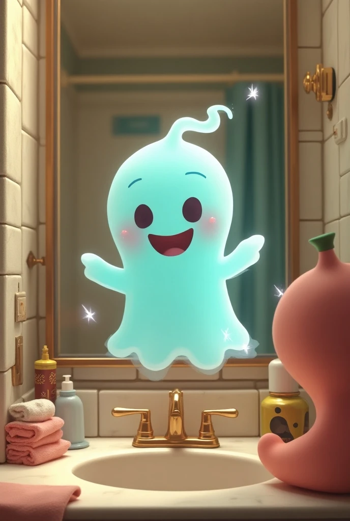 A cheerful and fun little ghost taking a picture in the bathroom mirror with the Choclo team from Tiltok