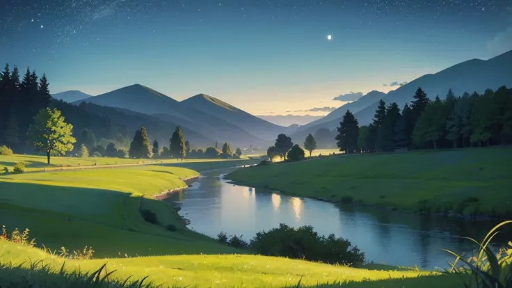 A tranquil Celtic landscape at dusk, with soft, rolling green hills and a serene river under a twilight sky filled with stars. The scene feels calm and inviting, with faint mist over the grass, creating a dreamlike, peaceful atmosphere.