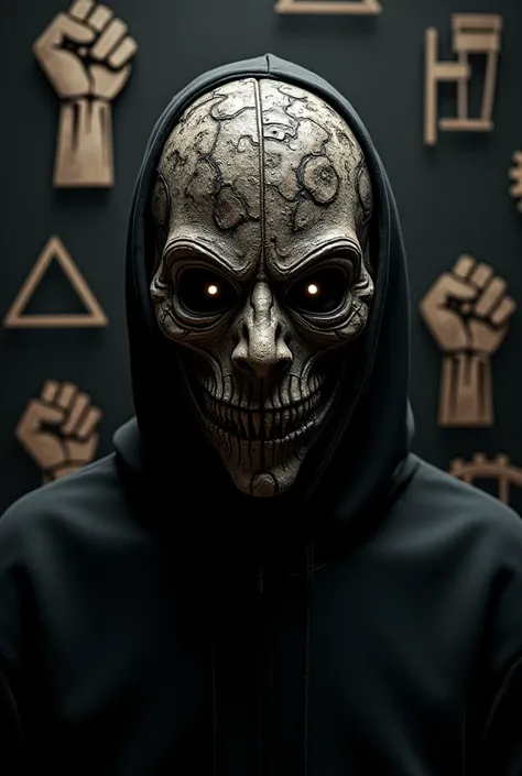 ** Character Description :**
 A mysterious character whose face is completely covered by a terrifying mask .  The mask has an intricate design ,  with dark and sinister details that evoke fear and intrigue .  The characters eyes are the only visible part ,...