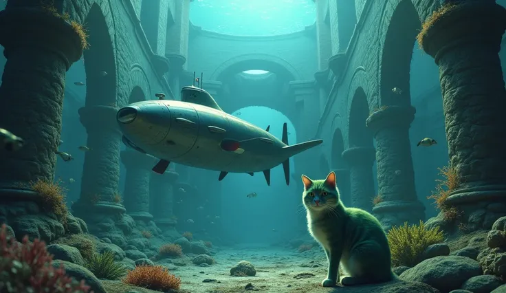 ( best quality,8K quality),( ultra high resolution,photo realistic:1.8),(super detailed,incredibly, detailed background ),( RAW Photos:1.2), (Super realistic:1.8),(master peace1.21), (((Undersea Ruins ))),Bottom of the Sea,((( Submarine Tuna,green cat,Tuna...