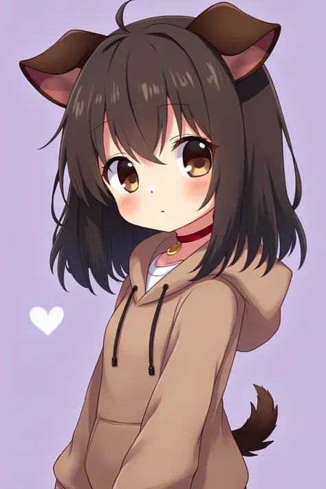 Cute anime girl with dark brown hair, brown puppy ears and a puppy tail, dark brown eyes, petite, wearing a hoodie, and a red collar, purple background,кровать, секс , с мужщиной , 12 лет, фурри Кот, член 20см