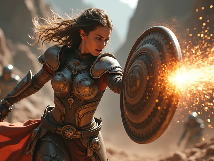 A warrior deflects a brutal attack with her shield, the impact sending sparks flying. The lighting highlights the metallic sheen of her armor and the fierce determination on her face. The background is filled with the chaotic movement of the ongoing battle...