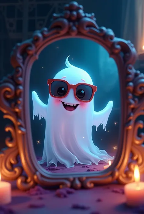 A cheerful and fun little ghost taking a picture in the mirror to go viral on TikTok