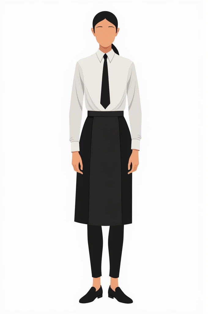  Create a vector of a waitress wearing a white long sleeve shirt,  black pants , black tie, full black apron ,  dont wear heels and on a white background 