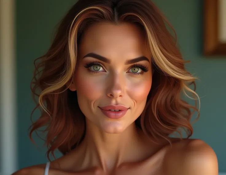 woman, late 50s, excellent physical shape, {{olive skin}}, generous C cup breats, dark auburn hair with blonde highlights, oval face, full lips, larger than normal eyes, green eyes, straight nose, full eyebrows, high cheekbones, 