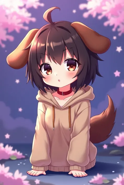 Cute anime girl with dark brown hair, brown puppy ears and a puppy tail, dark brown eyes, petite, wearing a hoodie, and a red collar, purple background,секс с мужщиной котом,они раздети