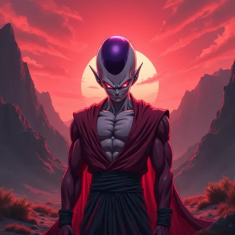 Create Dragon Balls Freeza, smiling scenery, red sky and black mountains
Dragon Ball Z style (Make the 4K )