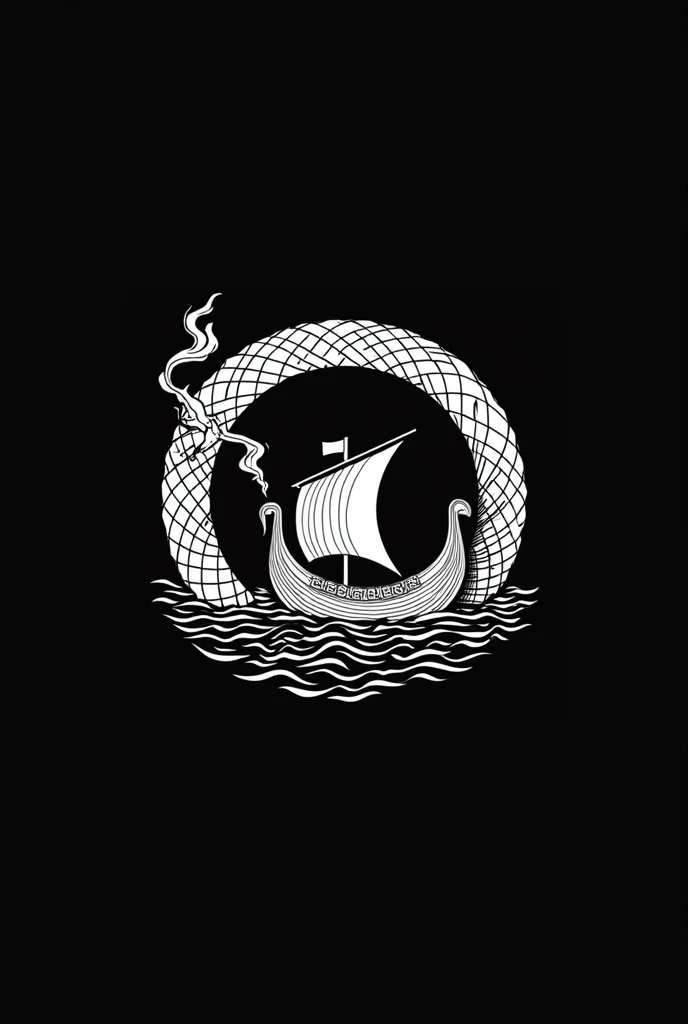  Describe in simple detail the intimidating Jormungandr with smoke in his nose in a circle, with a Nordic drakkar in the middle and write Drakkar in Nordic style .
 Developed in white with a black background in a simple logo style and design, and also with...