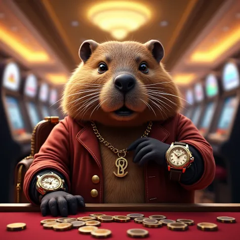 A beaver wearing expensive watches in bags Louiviton plays at the casino