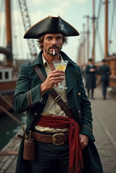  crée une image réaliste dun jeune homme pirate qui fume une cigarette il boit un gin tonic il est  dans un port anglais, avec des voiliers en arrière-plan et des marins au travail on le voit de face il sourit.