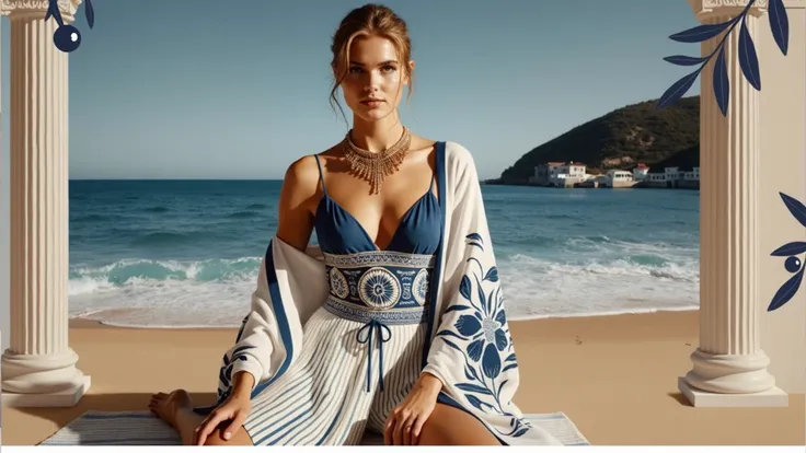 Theme and Environment :

 The banner should present a Greek beach at dusk ,  creating an atmosphere of calm and refinement .
 Include an elegant model wearing a bikini and a blue beach exit Dark,  with subtle white or gold details .  The models pose must b...