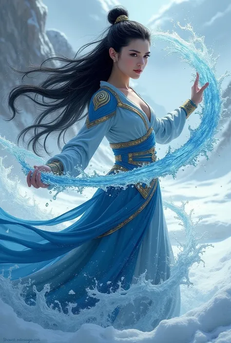  I want a female water bender from the Southern Water Tribe (cold place). white woman, black eyes, black hair, long and wavy.  Blue clothes with gold accessories . She controls the water . 