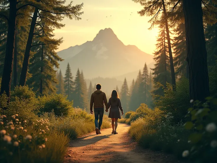 A man and a woman are walking along a wooded path at dusk towards a mountain time