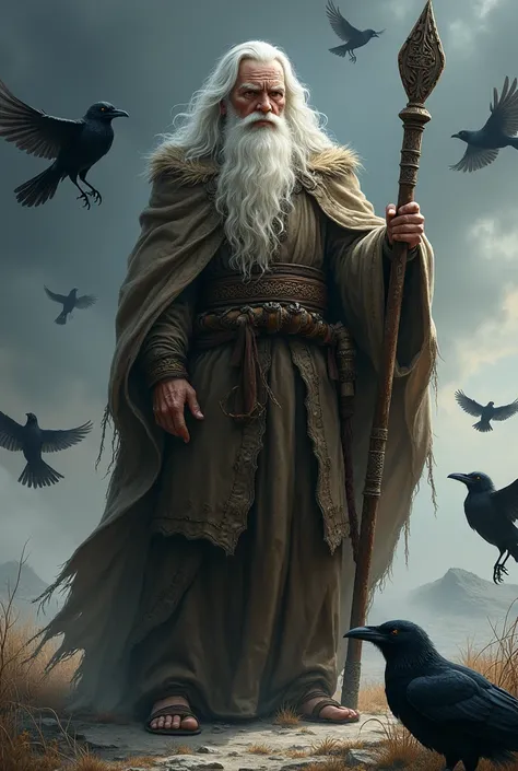 An old man, with long white hair, wearing medieval clothes, holding a staff, with crows around him.