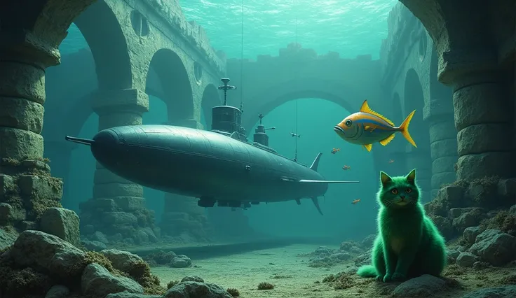 ( best quality,8K quality),( ultra high resolution,photo realistic:1.8),(super detailed,incredibly, detailed background ),( RAW Photos:1.2), (Super realistic:1.8),(master peace1.21), (((Undersea Ruins ))),Bottom of the Sea,((( Submarine Tuna,green cat,Tuna...