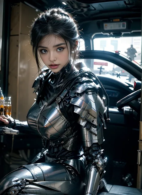 
８ｋ,Realistic Skin Texture、superrealism、Realistic Photo、A Japanese female pilot belonging to the Near-future military is riding in a cockpit installed on the abdomen of a large robot.、Damaged moss green battle armor robot、Skull mark painted on armor、Near-f...