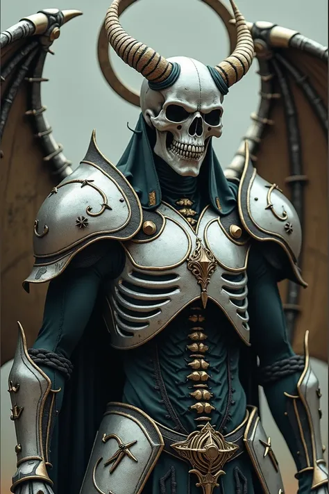  creates a demon that looks like a skull and very skeletal flesh ,  that wears silver armor and merges with gold ornaments .  this demon has asymmetric horns and a halo on the head ,  in its armor your shoulder pads are large and have a shield shape lying ...