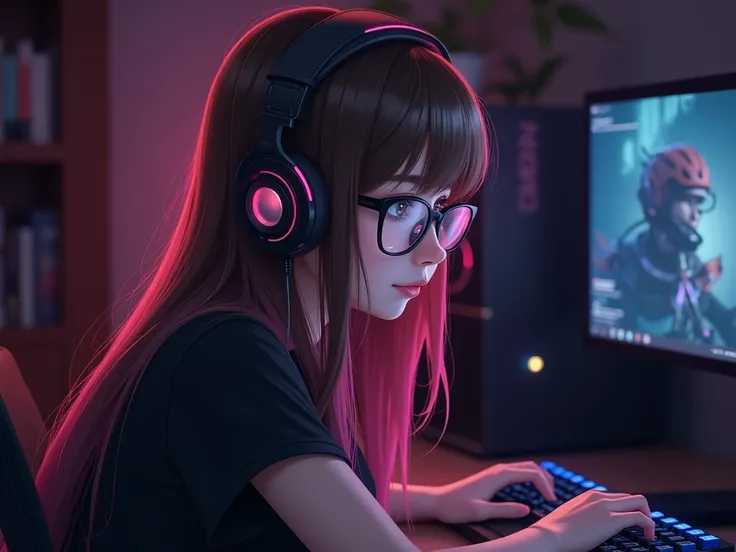  High resolution,  masterpiece , necessary, Detail, Details altos, HD model,  lyrics, young woman, asian features,  long hair , pink locks,  brown hair , reading glasses,  black t-shirt , in front of a gamer computer, with headphones, dark room