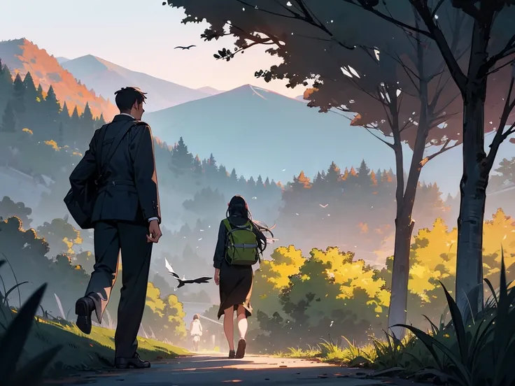 A man and a woman are walking along a wooded path at dusk toward a mountainside. there are some birds flying and some frogs on the ground.