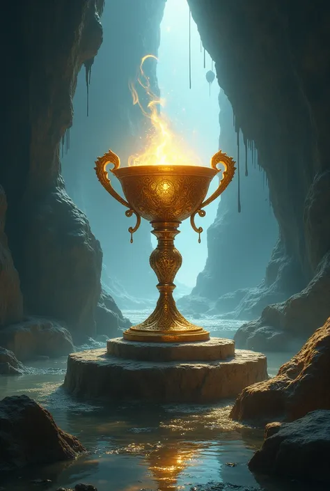 Create me a fantasy picture where a chalice with two handles stands in the middle of a cave