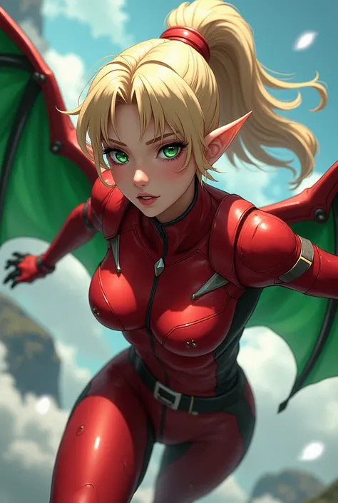 battle heroine, elf, dark skin, blonde hair, ponytail, wearing red battle suits, flying with green wings, in the battle airspace, dynamic angles, high-sensitivity illustrations, masterpiece, UHD, best quality, hyper detailed, anime style, dark elf