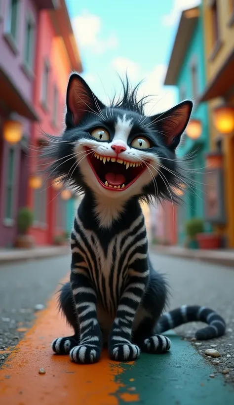 A very clear ultra HD image of " A funny cat as Beetlejuice laughing very high on road, very colourful picture, very cute expression, Pixar style cartoon."