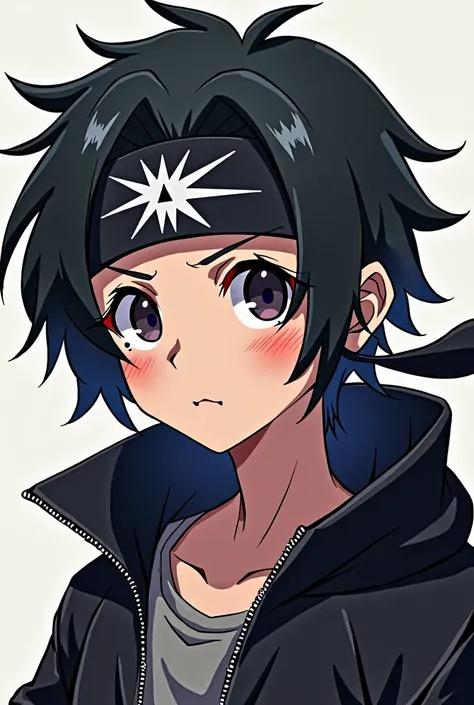 A young anime with black hair wearing a black bandana with white on his forehead