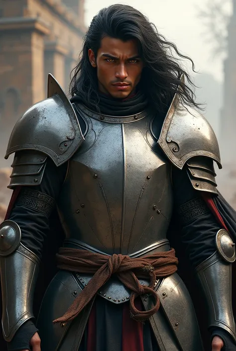 A young dark-skinned man, Black hair like night ,  golden-eyed and dressed in steel armor.