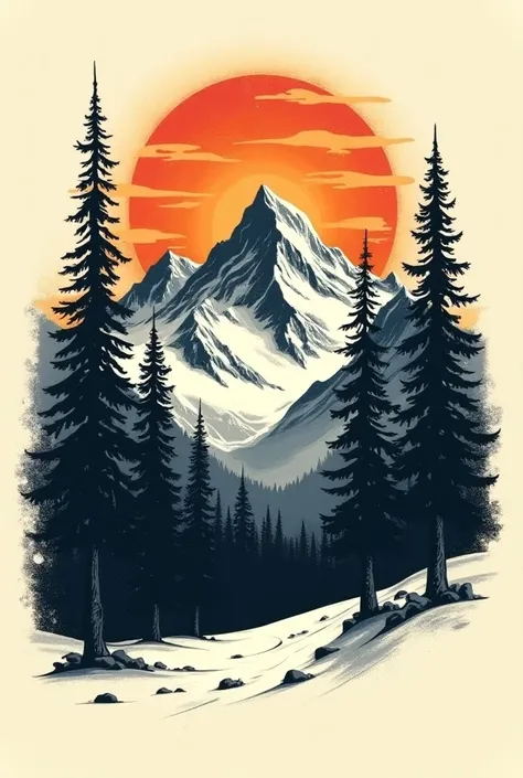 "Illustrate a retro-style t-shirt design with a mountain range, pine trees, and a vintage sunset. The color palette should include snowy black and white, with a faded, nostalgic look as if its from the 70s."