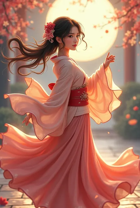 Beautiful Japanese anime woman dancing to a waltz