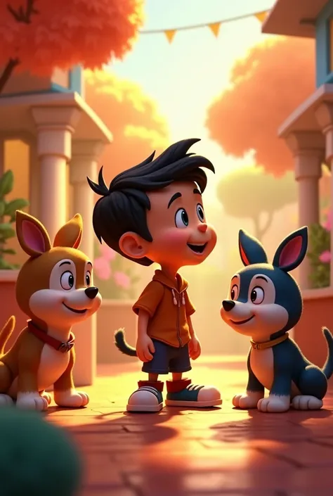 Tino with a determined and enthusiastic expression ,  while Mila and Roco look at him with curiosity and emotion. I want it to be animated with Disney animation