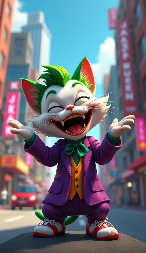 A very clear ultra HD image of " A funny cat as the mask laughing very high on road, very colourful picture, very cute expression, Pixar style cartoon."