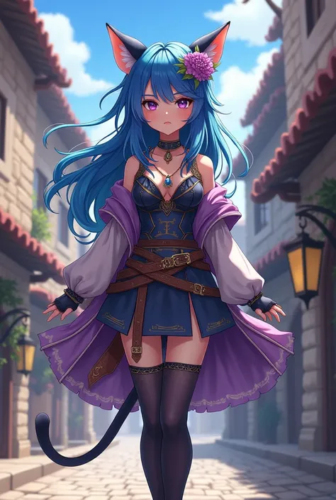 Gypsy girl ,  blue haired , long ears, Lilac eyes, cat tail,  rogue armor ,  on the streets of a medieval city.  anime style  