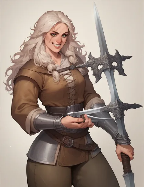 barbarian girl, muscle, fantasy, medieval, holding very large sword, smile with teeth, scar on face, long hair, thick thighs, mature, small breasts, warrior girl, 