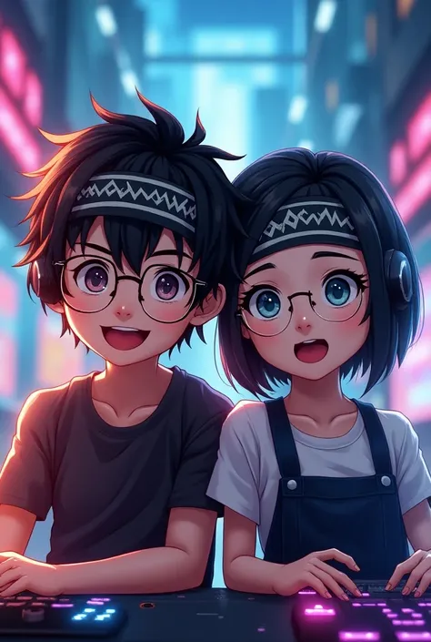  A boy and a girl anime gamer with glasses and black hair, with black and white headbands on their forehead 