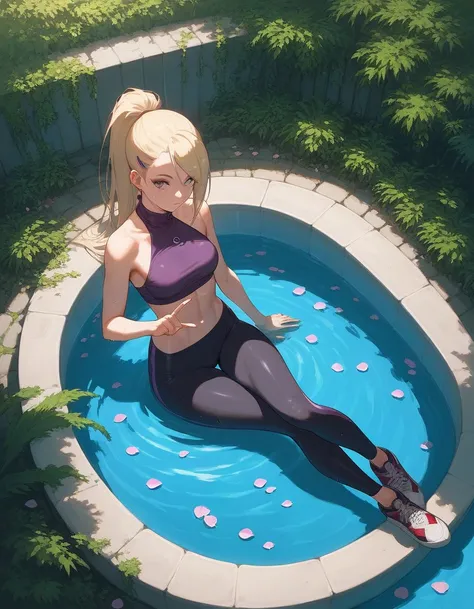 from above, (sitting),  score_9, score_8_up, score_7_up, ((solo)), 1girl, ino yamanaka, long hair, naruto, blonde hair, ponytail, medium breast, (((pose))), hands, fingers, high neck halter top, (leggings), big hips, Anatomically correct, sneakers, bath, p...