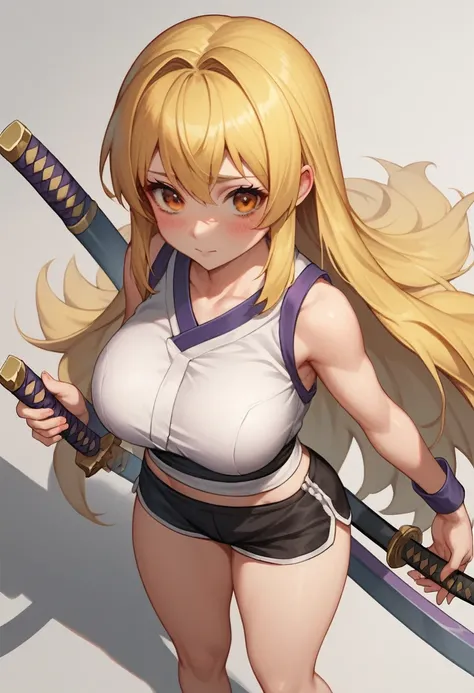 score_9, score_8_up, score_7_up, source_anime, best quality, clear face,small girl samurai,yellow hair, orange eyes, long hair, large breasts, perfect body, standing, serius cute, white mini shirt, black mini shorts,cute clothes, indoor,blushing,embrassed,...