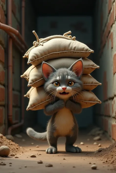 Make me an older kitten carrying sandbags in 3D all super elaborate