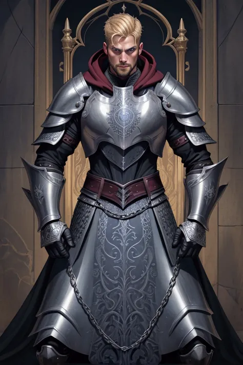  Tall handsome man , height 190, without masks, Renaissance armor, he covers only the top of his face in matte black ,  of the Knight Kings artful ceremonial armor , with fine filigree carvings. Square face shape with a pronounced jaw line, masculinity.  F...