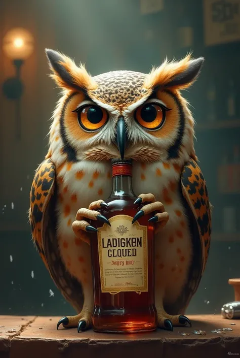 Owl logo with drunk liquor bottle