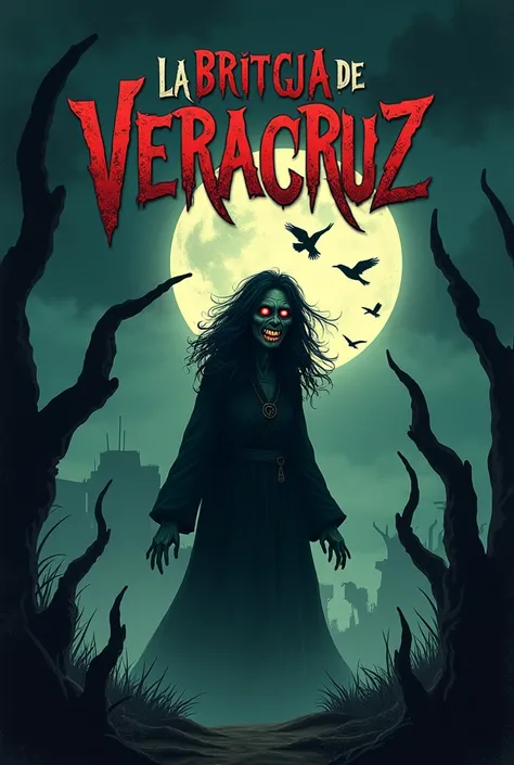  I request a horror cover that represents  "The Witch of Veracruz ".  in the center of the image ,  a sinister figure of a witch appears with a terrifying expression , shrouded in shadows.  The witch has an aged face ,  with glowing eyes and a malicious sm...