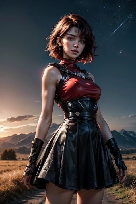 srwby, short hair, black hair, red hair, t-shirt, skirt, gradient hair, grey eyes, standing outside, (cowboy shot), dynamic pose, standing on road in the middle of a field, the road stretches into the distance, leading to a spooky house on the horizon, nig...