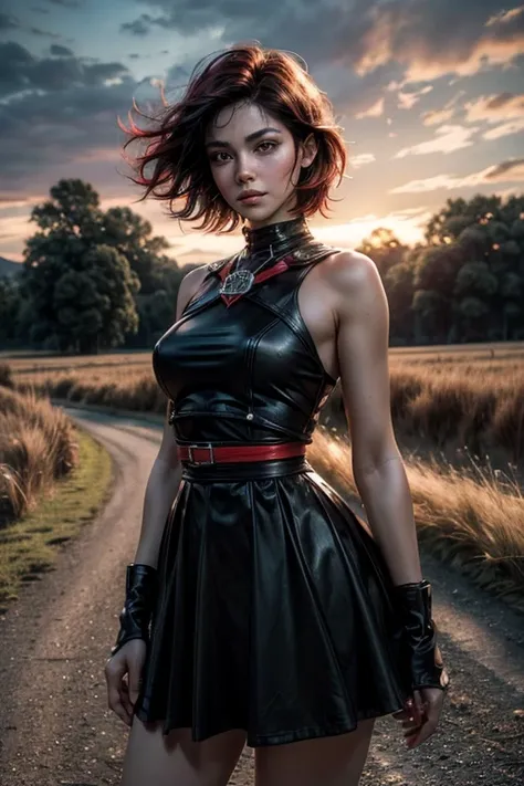 srwby, short hair, black hair, red hair, t-shirt, skirt, gradient hair, grey eyes, standing outside, (cowboy shot), dynamic pose, standing on road in the middle of a field, the road stretches into the distance, leading to a spooky house on the horizon, nig...