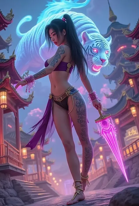 A cute woman (magical warrior, sexy metallic war lingerie, magical glowing weapon, a ghostly tiger hovers over her, many magic tattoos) , open legs, sexy fighting stance, Asian castle
