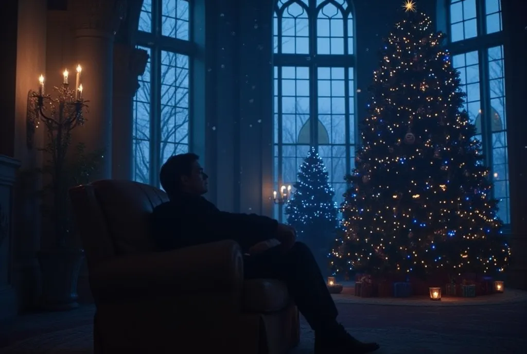 ((masterpiece)) ((photography)) ((highest quality)) christmas scene in bruce wayne's luxurious yet somber living room, decorated...