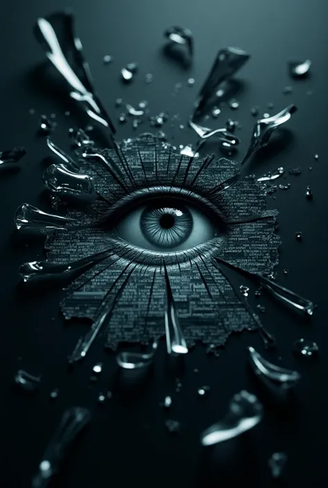  A glass broken into eight pieces , on a dark background, which reflects an HTML code .  A gray eye can be seen in the center of the glass