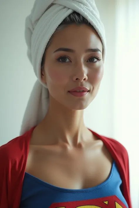 A sexy still very young looking 50 yearsold mature Filipino girl with a white towel completely covering her head  as the superhero supergirl wearing a supergirl costume High-key lighting Style, 1girl, sol o,,gray hair, elder, 50 years old bare shoulder s,w...