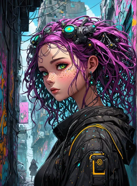 A grittily enchanting nymph, her delicate features a stark contrast to the urban decay surrounding her: dirt-smudged cheeks adorned with ethereal freckles, tangled neon hair cascading over graffiti-covered walls. The digital painting showcases a mix of cyb...