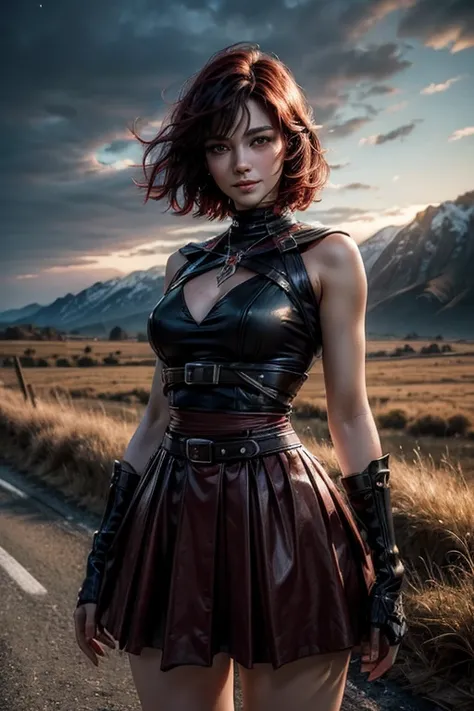 srwby, short hair, black hair, red hair, t-shirt, skirt, gradient hair, grey eyes, smile, standing outside, (cowboy shot), dynamic pose, standing on road in the middle of a field, the road stretches into the distance, leading to a spooky house on the horiz...